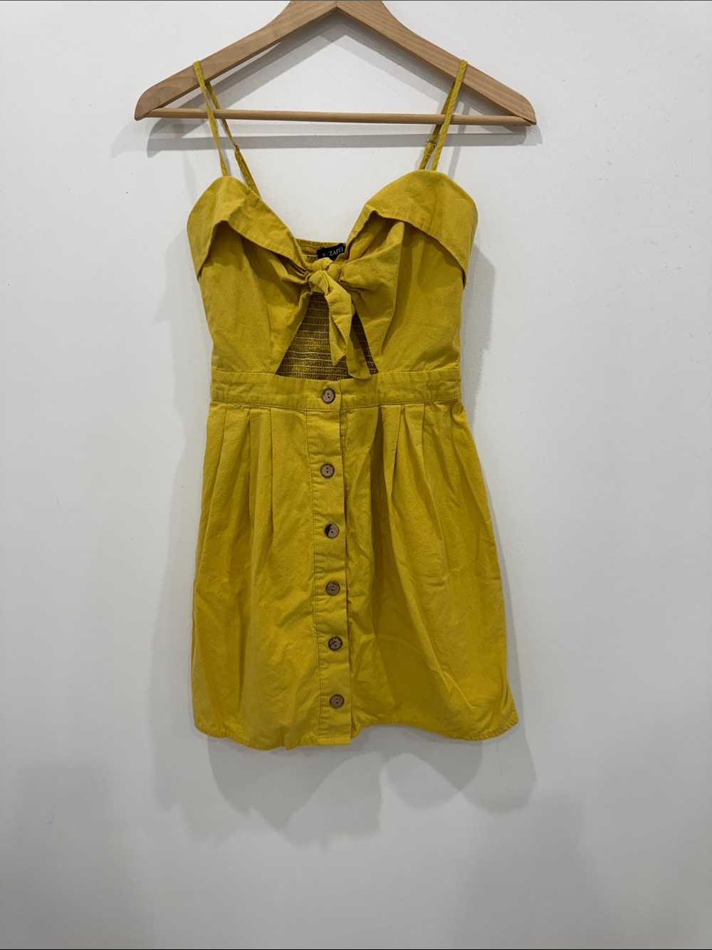 ZAFUL Mustard Yellow Tie Front Mini Dress Size Small Boho Cottagecore Rayon